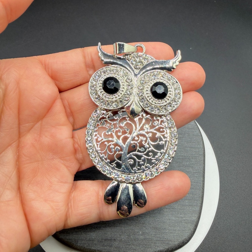Silver Tone Rhinestone Owl Pendant Black Crystal Eyes Gothic Boho Statement Gift